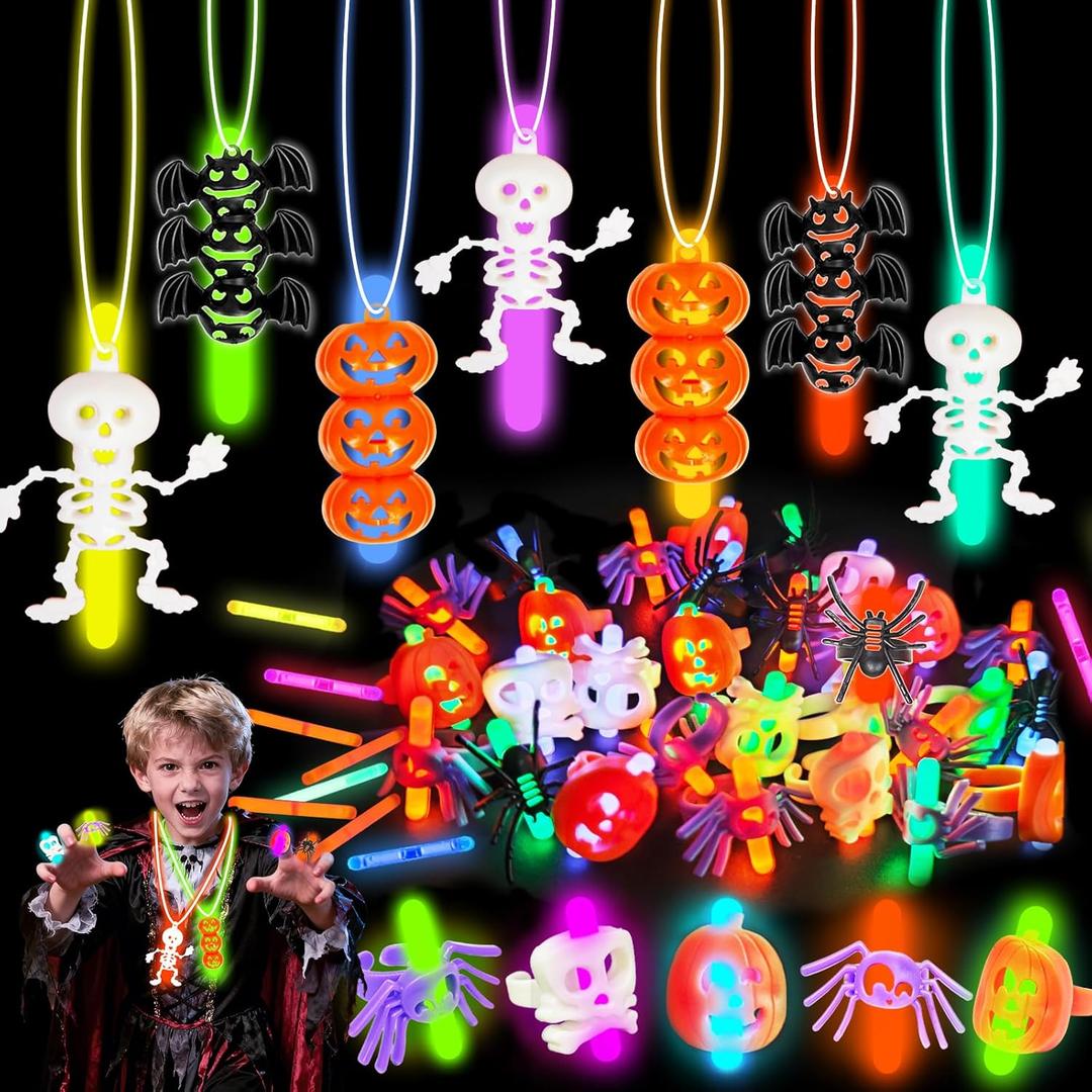 124 Pcs Halloween Party Favors Bulk - 50 LED Rings and 12 Light Up Necklaces with 62 Glow Sticks- Halloween Glow in the Dark Party Supplies Toy Gifts, Goodies Bag Fillers, Party Favors for Boys Girls