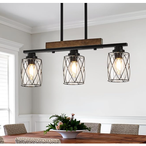 3Light Dining Room Light Fixture/Chandelier Over Table, Island Lighting Hanging for Farmhouse Linear Chandeliers Matte Black Rustic Wood Ceiling Pendant Light Fixtures, with Clear Glass Shade