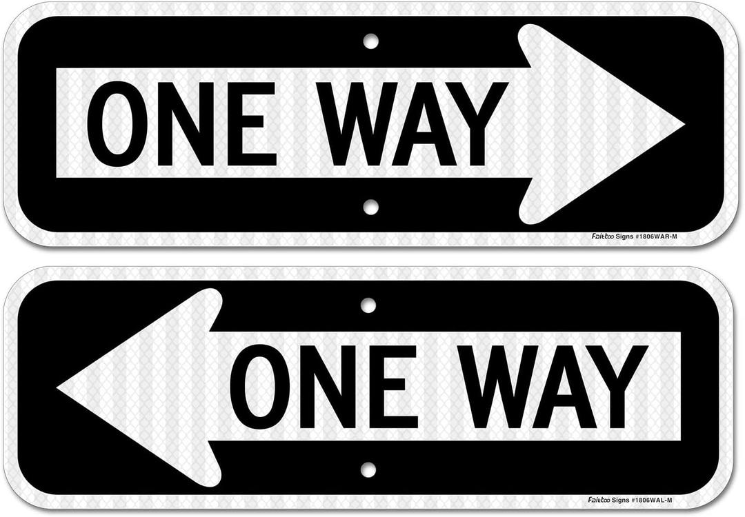 One Way Sign with Arrow, 2-Pack 18x6 Inches Engineer Grade Reflective Rust Free Aluminum, Weather/Fade Resistant, UV Protected, Easy to Mount, Indoor/Outdoor Use (Left/Right)