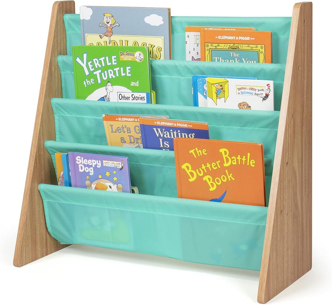 Humble Crew Kids Bookshelf, 4-Tier Front-Facing Book Display Organizer, Montessori Toddler Bookcase for Playroom, Bedroom & Reading Corner, Natural Wood/Seafoam Green