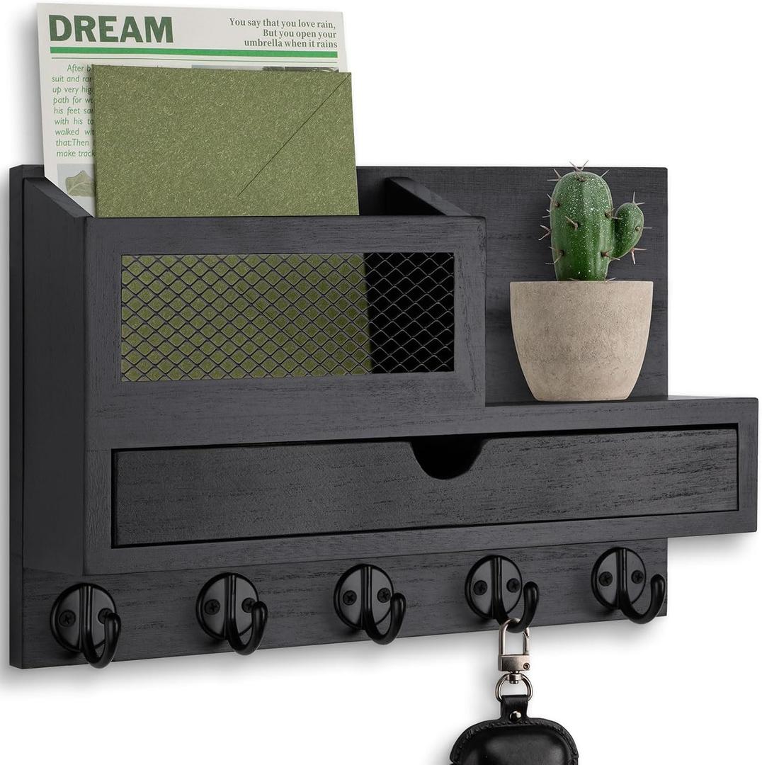 Key Holder Wall Mount, Key Holder for Wall with 5 Key Hooks and Storage Drawer Mail Organizer for Entryway Living Room Farmhouse Home Decor