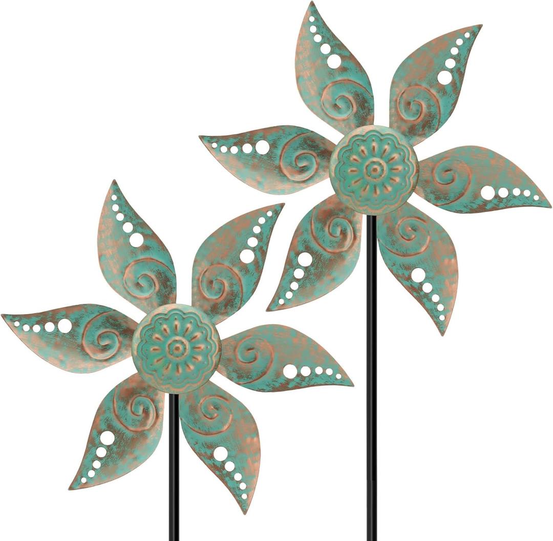 2 Pack Wind Spinners Outdoor Clearance Metal Vintage Green,Wind Sculpture Small Iron Windmill is Decorative Garden Stakes for Patio Lawn Outdoor Yard Lawn Garden Decor
