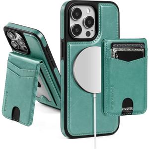 SkyEagle Compatible with Magsafe 2 in 1 Detachable iPhone 15 Pro Max Wallet Case with Card Holder,Women Men Magnetic PU Leather RFID Blocking Flip Kickstand Credit Slots,Blue Green