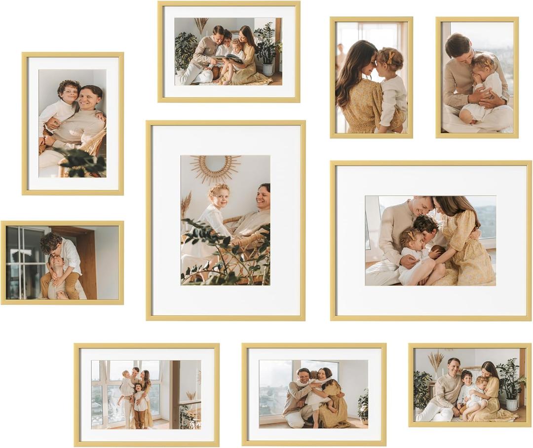 eletecpro Aluminum Gallery Wall Frame Set of 10, Including 2Pcs 8x10, 4Pcs 5x7, 4Pcs 4x6 Photo Frames for Wall or Tabletop Display, Multiple Sizes Picture Frames Collage Wall Decor, Gold