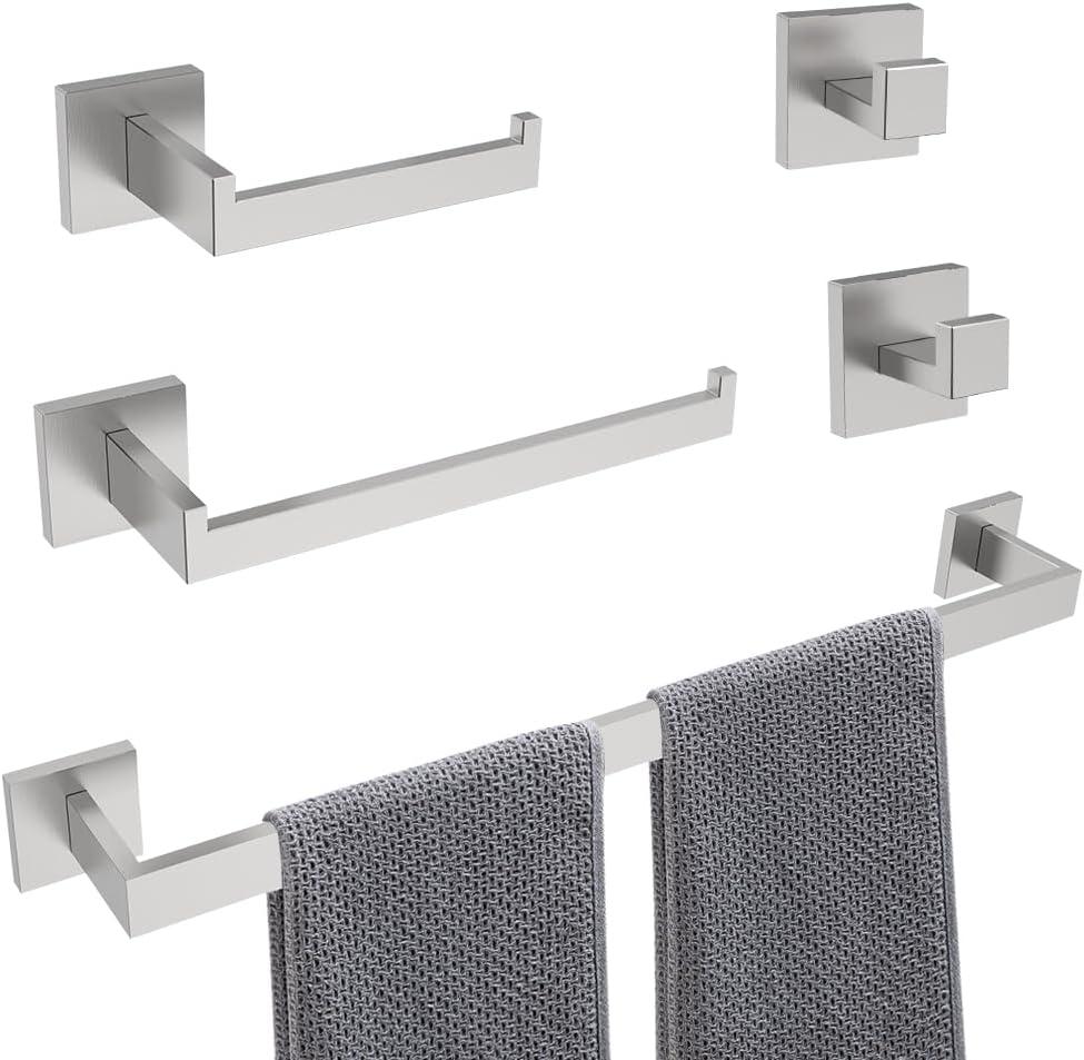 5-Piece Brushed Nickel Bathroom Hardware Set, Wall Mounted Thickened 304 Stainless Steel Towel Holder Set, Featuring 23.6" Towel Bar, Hand Towel Rack, Toilet Paper Holder, and 2 Towel Hooks