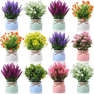 12 Pcs Artificial Potted Flowers Fake Potted Plants Plastic Faux Flowers for Home Decor Indoor Small Artificial Plants in Pots for Wedding Home Desk Tabletop Outdoor Office Kitchen
