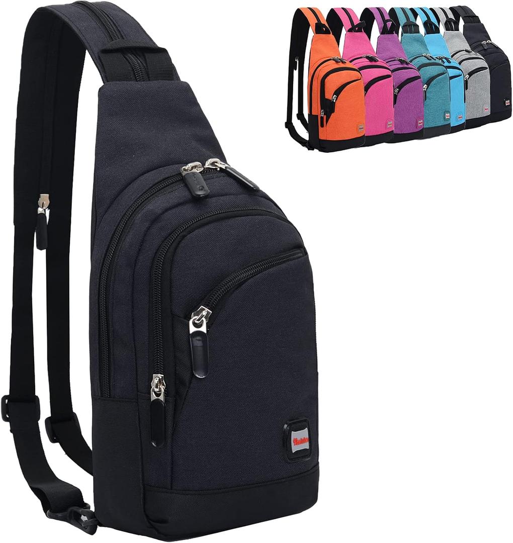 Piece Small Sling Bag for Women Mens Convertible Crossbody Backpack Shoulder, Chest Daypack with Zipper Strap for Hiking (Black)