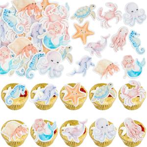 Gyufise 60Pcs Edible Mermaid Cupcake Toppers Octopus Seahorse Turtles Cupcake Picks Edible Under the Sea Party Decorations for Ocean Animal Theme Baby Shower Birthday Party Cake Decoration Supplies (Purple)