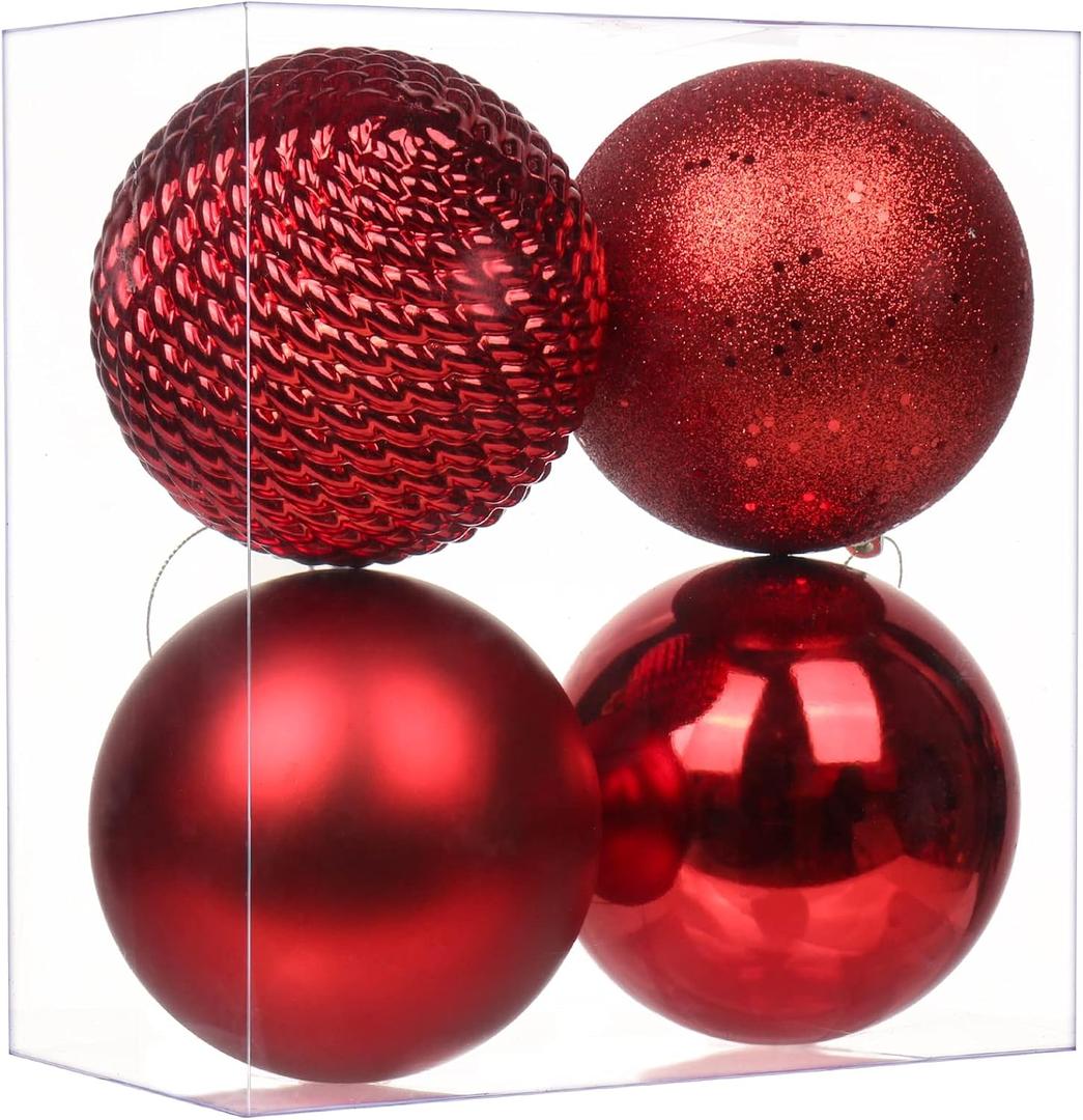 Christmas Ornaments Balls 4.7" Large Christmas Decorations Xmas Tree Shatterproof Big Red Christmas Ball Ornaments with Hanging Loop for Wedding Holiday Halloween Party Indoor Outdoor Decor 4 Pcs