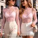 Girece Lace Tops for Women Long Sleeve Mock Neck Mesh Top Sexy Sheer Shirts See Through Floral Blouses (Pink, XL)