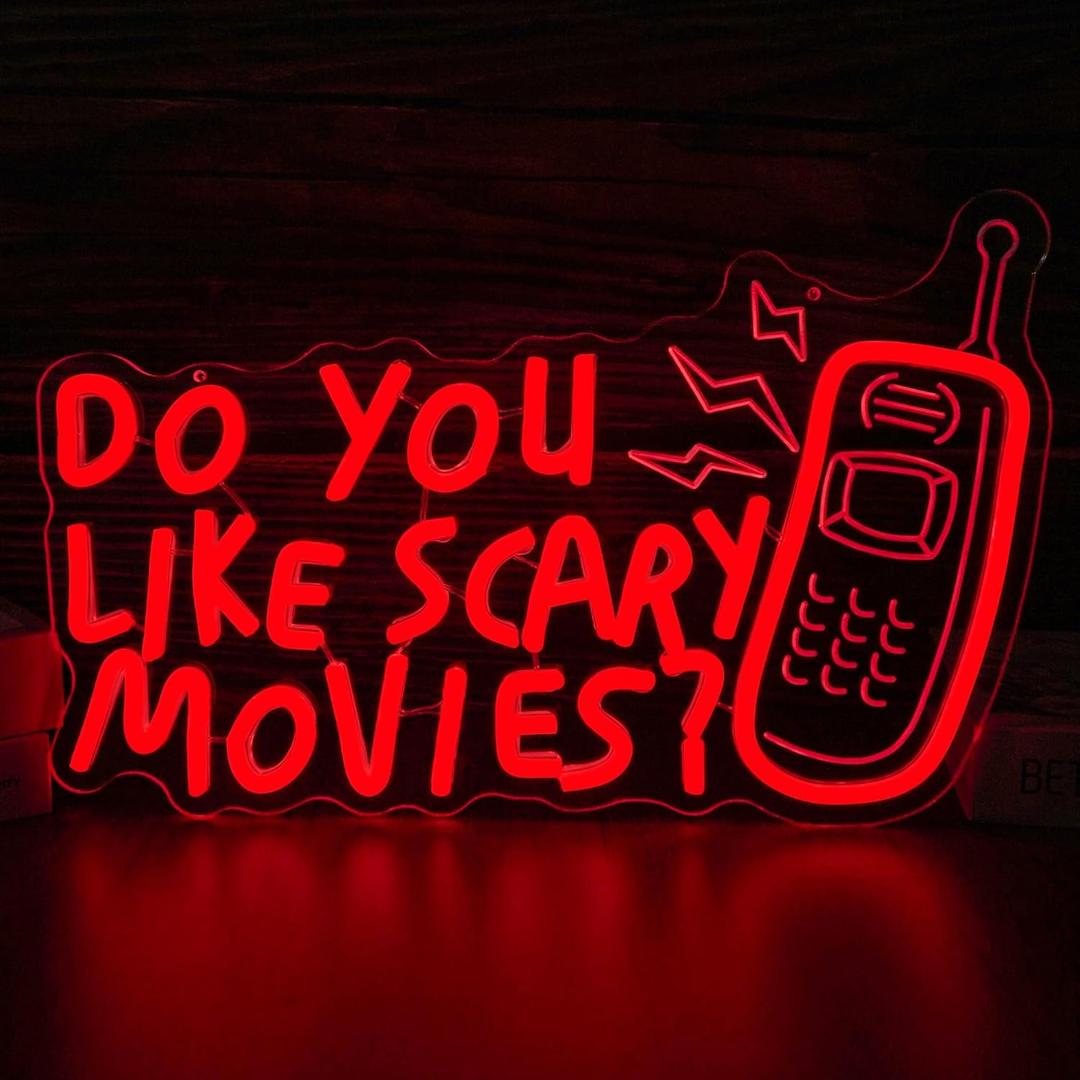Horror Movie Decor Neon Sign Do You Like Scary Movies Neon Light Dimmable Gothic Led Light Up Signs for Movie Room, Halloween, Gothic Themed Parties Decoration Gifts(15 * 9.3inch)