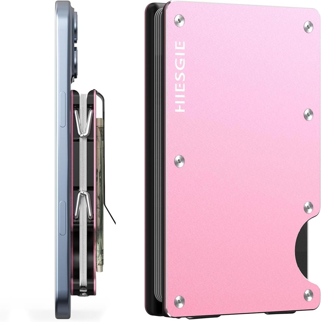 Slim Magnetic Wallet for Women, Compatible with MagSafe Wallet with Removable Money Clip, Rfid Blocking Metal Card Holder, Minimalist Wallet Compatible with iPhone 16/15/14/13/12 Series - Pink