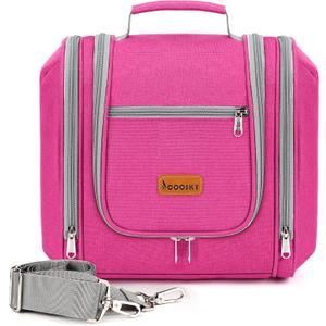 COOSKY Hanging Travel Toiletry Bag for Women and Men, 6 Organizer Compartments, Extra Large Toiletries Bag, Bathroom Cosmetic Bag, Water-resistant Makeup Bag, Holds Full-Size Shampoo, Rose Red
