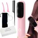 Brusheo Hair Pro Cordless Hair Straightener Brush for Women, Ceramic Heater Surface, 3 Mode Settings, Travel Size, Pink (7.87 inches x 1.77 inches)