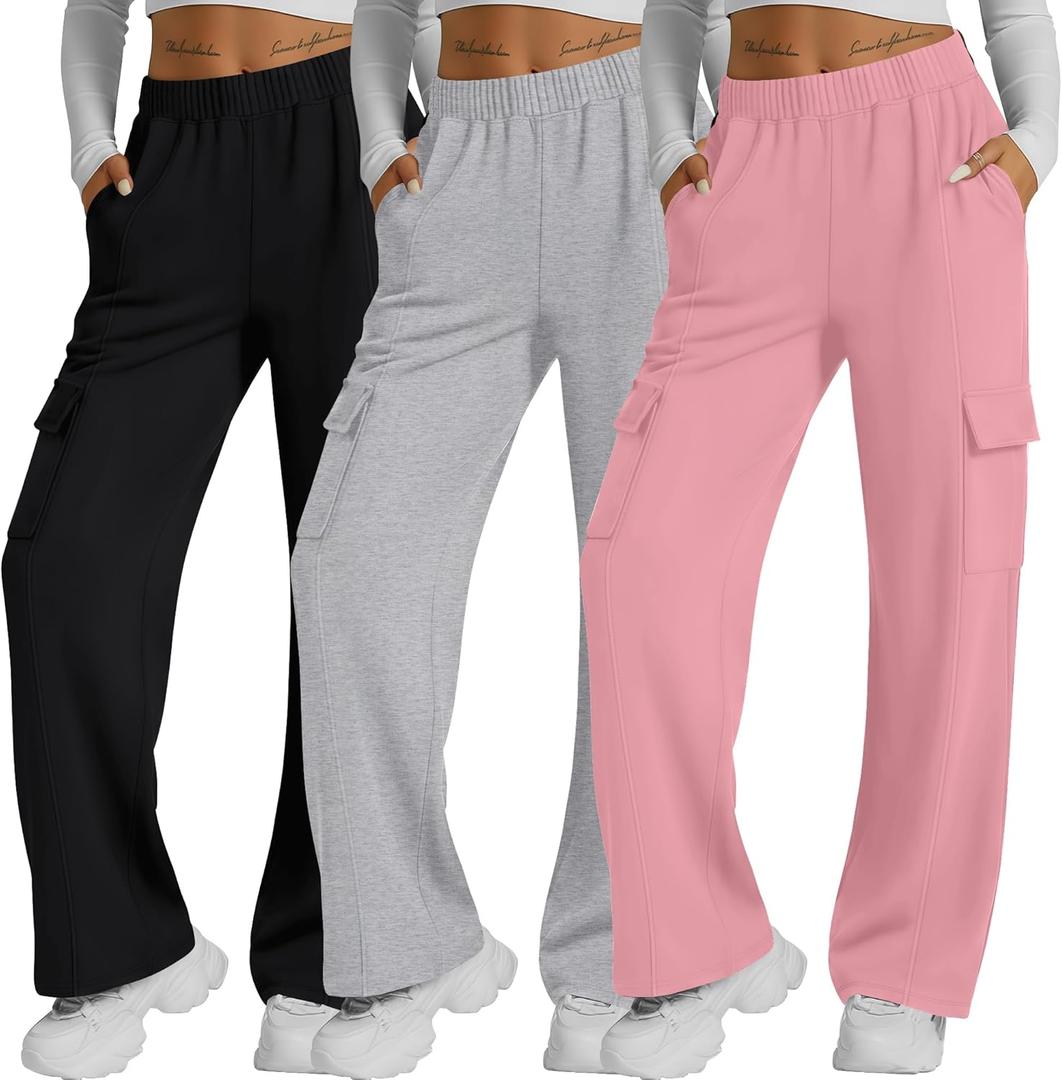 Neer 3 Pack Womens Pants with Cargo Pockets Casual High Waisted Baggy Wide Straight Leg Sweatpants Lounge Joggers Trousers (Large, Black, Light Gray, Pink)