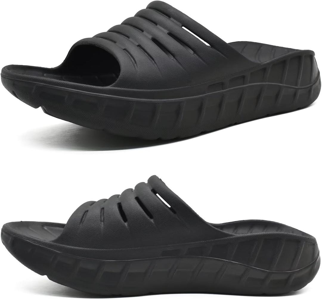 KuaiLu Mens Recovery Sandals Orthotic Arch Support Open Toe Sport Slides Thick Cushion Orthopedic Plantar Fasciitis Slip On Wide Width Summer Pool Beach Waterproof (10, Black)