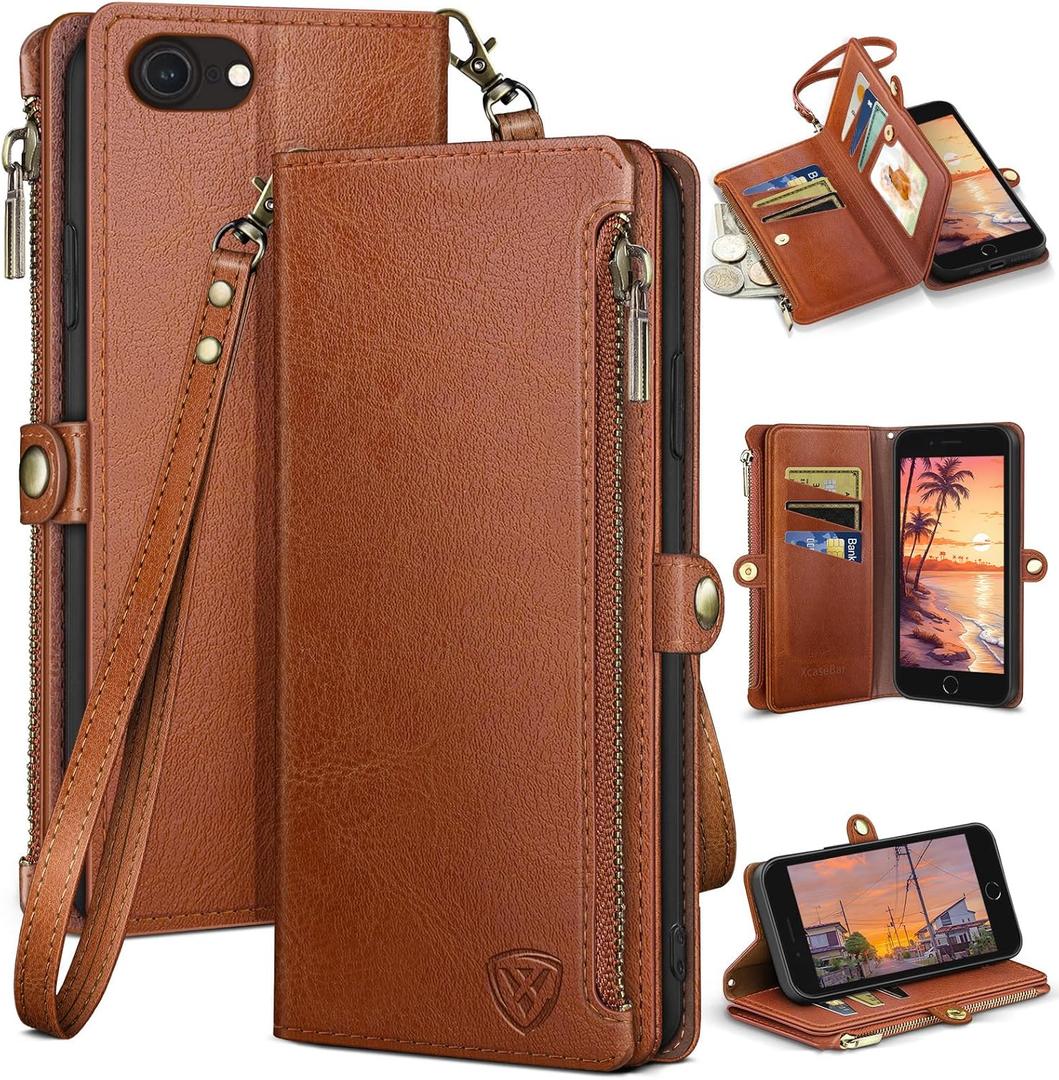 XcaseBar for iPhone SE 3rd/7/8 Wallet case with Zipper Credit Card HolderRFID Blocking, Flip Folio Book PU Leather Phone case Shockproof Cover Women Men for Apple SE case Light Brown
