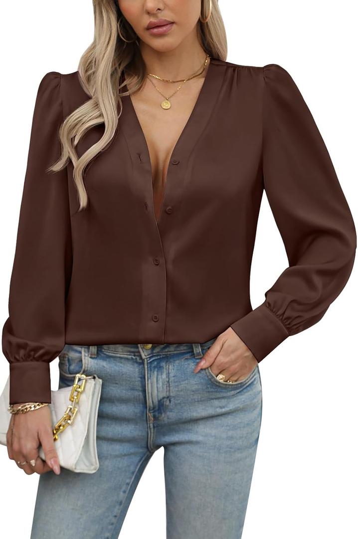 Blouses for Women Business Casual Tops Satin Silk V Neck Long Sleeve Button Down Shirts Work Blouses (Small, Brown)