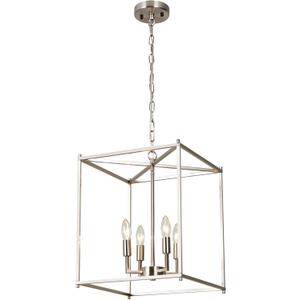 Brushed Nickel Chandelier 4-Light Foyer Chandelier, 12.6" Lantern Pendant Light for Dining Room Adjustable Height Square Pendant Light Fixtures for Kitchen Island Hallway Living Room