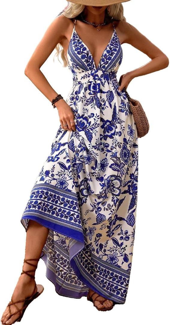 MakeMeChic Women's Boho Maxi Dress Summer Luau Outfits Beach Wedding Guest Backless Sundress Flowy Resort Wear (Blue, XL)