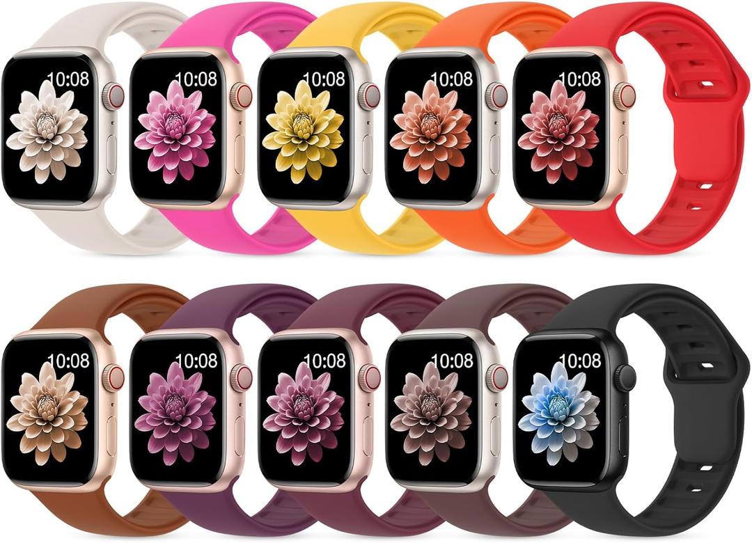 10 Pack Silicone Bands Compatible with Apple Watch 38mm 40mm 41mm 42mm Women Men, Soft Waterproof Replacement Wrist Sport Band for iWatch Series 11 10(C-Bright Orange/Babbie/Starlight/Wine/Smoke Violet/Black/Red/Yellow/Cherry/Brown)