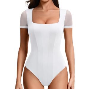 Avidlove Women's Short Sleeve Bodysuits Sexy Square Neck Body Suit Mesh Double Lined Tshirt Leotard Tops Going Out, Size M
