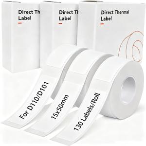 3 Rolls 15x50mm (0.59"x1.96") Thermal Label Maker Paper, Adapted Label Print Paper for D11 D110 D101 Label Printer, Multi-Purpose Thermal Paper Black on White, 130 Labels/Roll, White