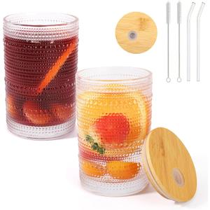 Hobnail Glass Cups with Lids and Straws, 16oz Embossed Drinking Glasses, Vintage Glassware for Iced Coffee, Soda, Gift for Women Men (highball-2)
