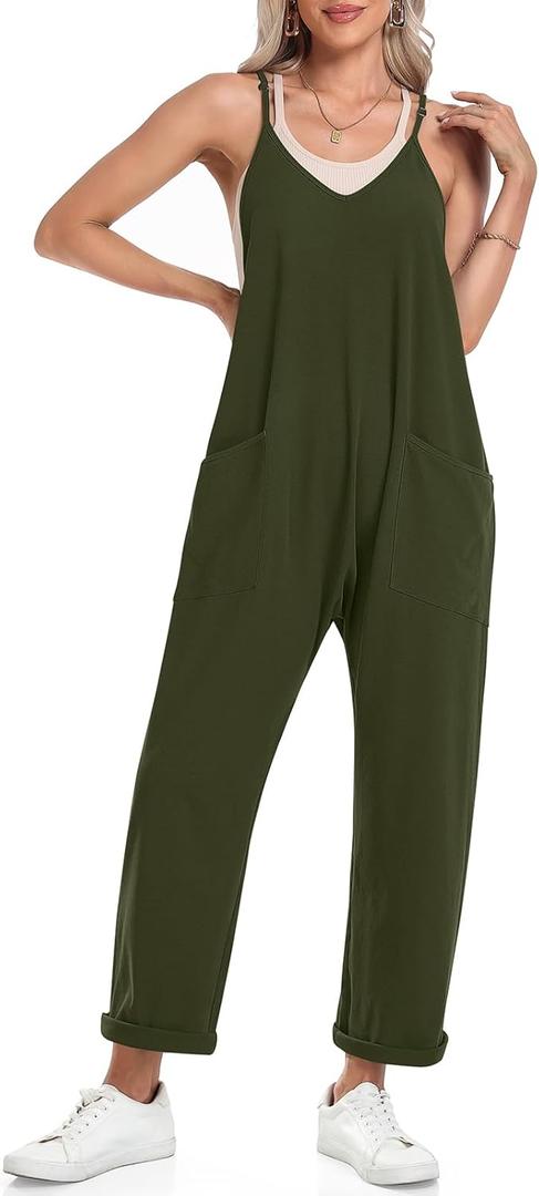 TARSE Women's Sleeveless Jumpsuits V Neck Harem Overalls Causal Adjustable Straps Stretchy Comfy Romper with Pockets 2025 (Green, XL)