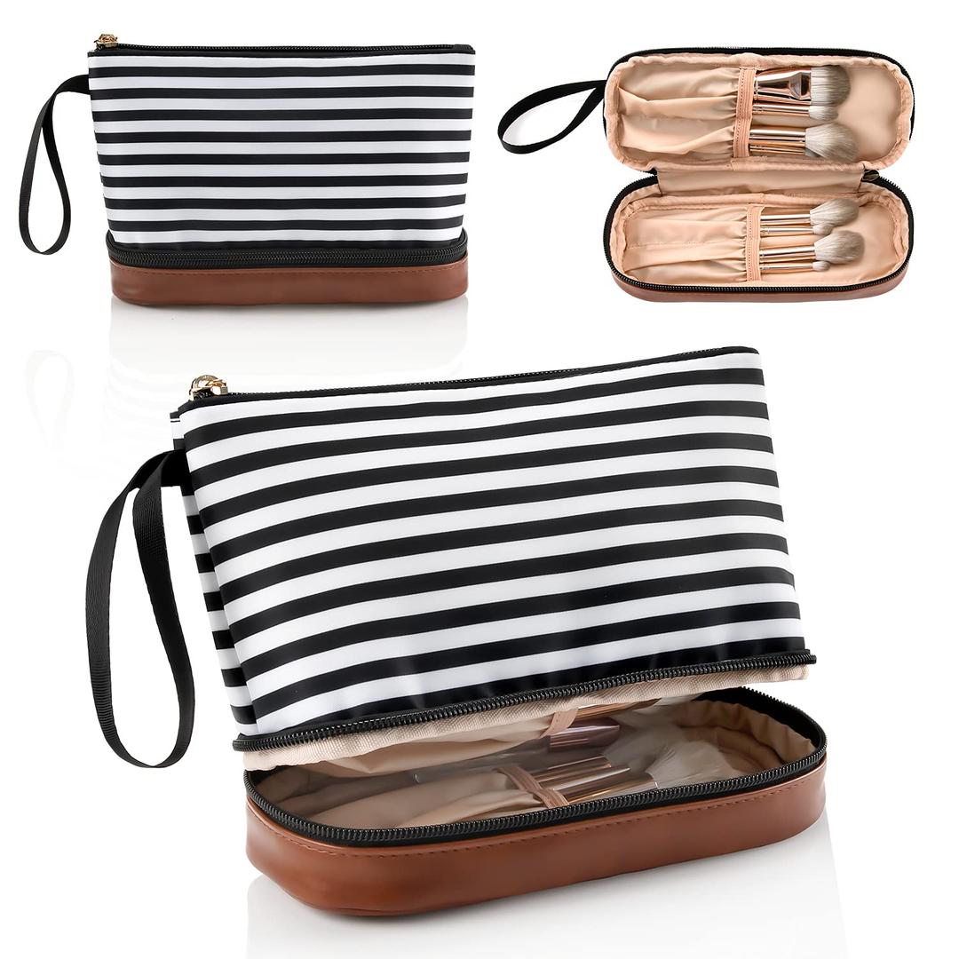Ethereal Small Makeup Bag for Purse, Stripe Makeup Brush Organizer Bag Travel Make up Bags for Women Double Layer Makeup Pouch for Girls/Women, Nylon Black
