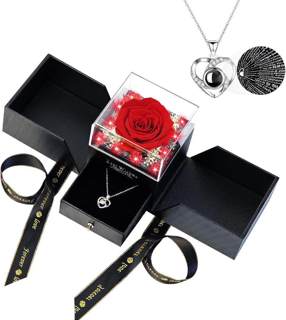 Preserved Real Red Rose with Matching Red LED Light & 100 Languages Necklace - Eternal Mother's Day Birthday Gifts for Women Mom Wife Grandma - Romantic Anniversary Present in Elegant Gift Box