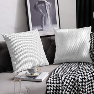 DEZENE White Striped Couch Pillow Cases: 2 Pack 16x16 Inch Original Velvet Square Throw Pillow Covers for Farmhouse Home Decor