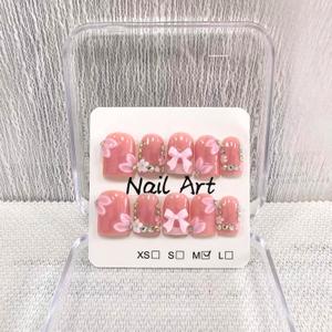 Square Short Press on Nails Handmade Fake Nails Pink French Tip with 3D Bow Designs luxury Rhinestones Glossy Cute Acrylic Nails for Women 10pcs (Size M (Pink RJDFF1-4)