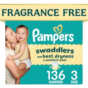 Pampers Swaddlers Diapers, Size 3 (13-26 lbs), 136 Count, Fragrance Free, Hypoallergenic, Absorbent, Pediatrician Recommended, Skin Safe