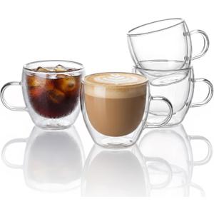 ZONEYILA Double Wall Glass Coffee Mugs Set of 4-6 OZ Insulated Coffee Cups - Clear Glass Drinkware with Handle for Double Espresso, Cappuccino, Latte, Hot/Cold Beverages