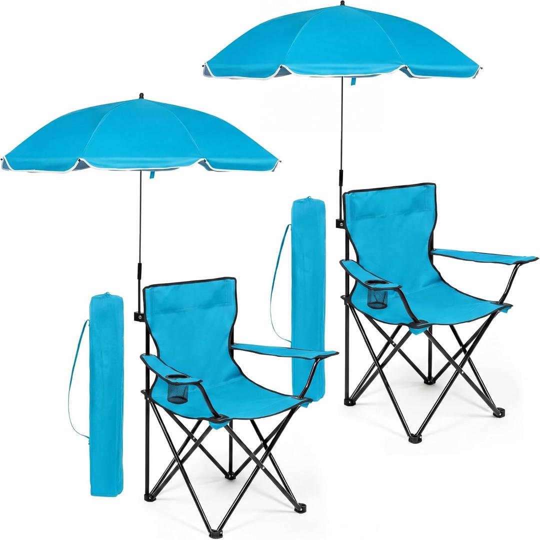2 Pack Beach Umbrella Chairs Folding Camping Portable Beach Chairs with Canopy Shade Adults with Cup Holder Carrying Bag for Camping Hiking Travel Picnic Outdoor Events (Light Blue)