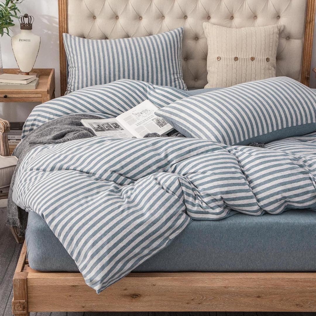 PURE ERA Jersey Knit Duvet Cover Set 100% T-Shirt Heather Cotton Super Soft Comfy Classic Striped Design, with Zipper Closure, Heather Blueish Grey Stripe, Full