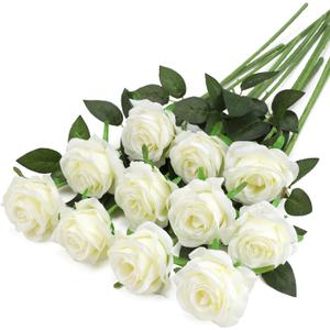 Uznaeoi 10PCS Vintage Roses Artificial Flowers White Fake Flower Bouquet Faux Roses with Stems for DIY Wedding Bouquet Bridal Shower Party Home Garden Decor (White)