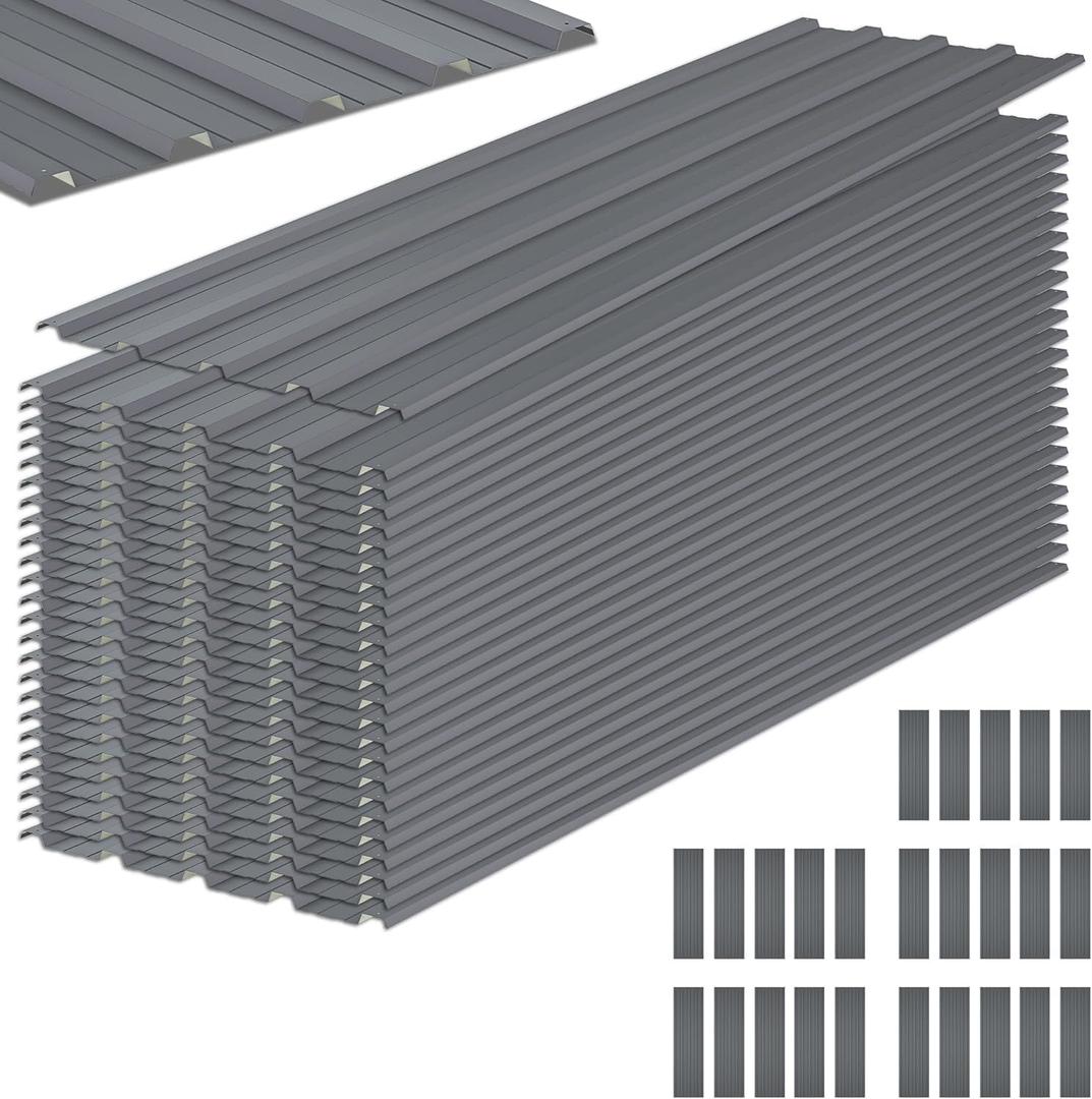 Metal Roof Panels 20 pcs 6.1ft Galvanized Steel Corrugated Tin Roofing Panels Gazebo Top Cover Garages,Sheds, Stables and Mobile Homes Replacement for Patio Outdoor Garden, Gray