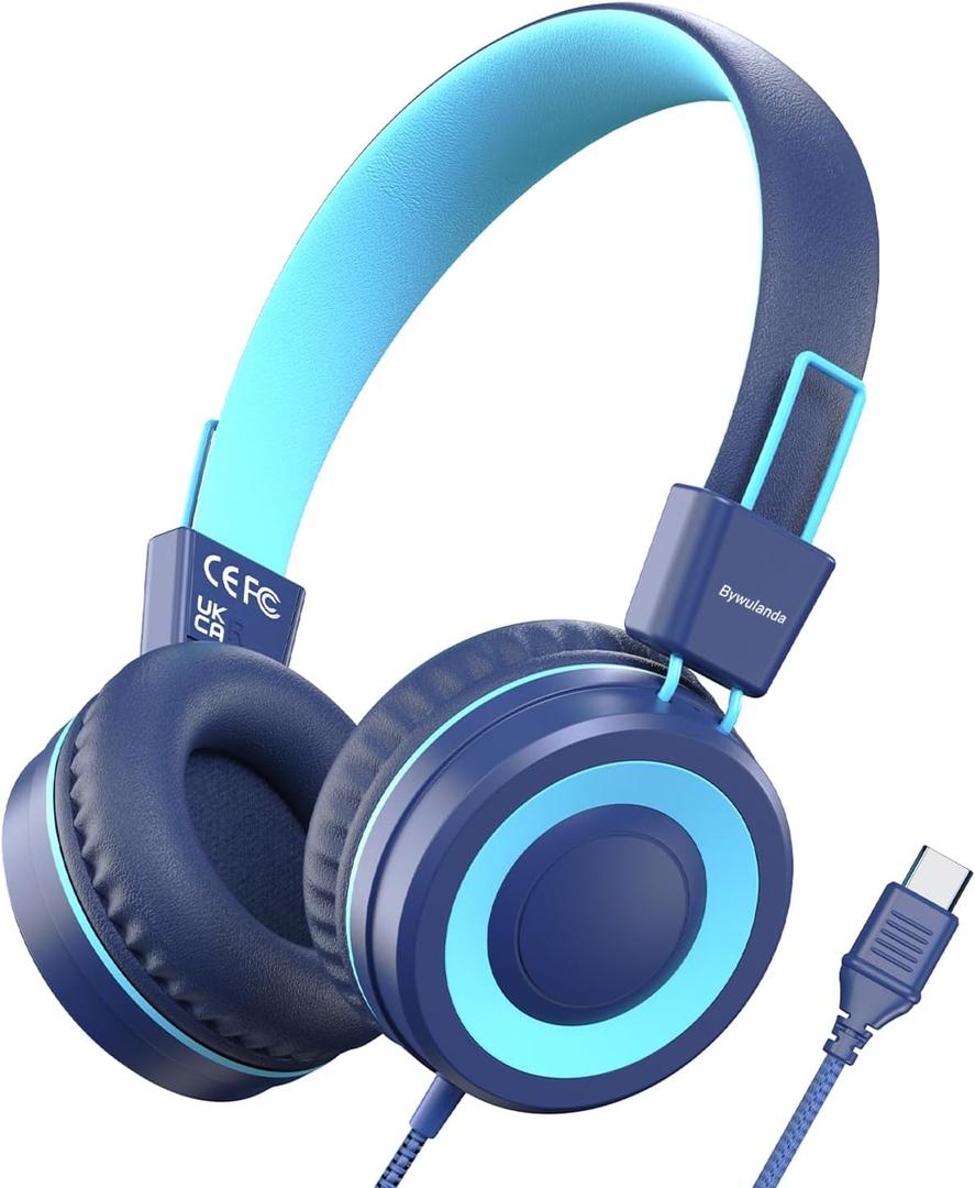 Bywulanda Upgrade USB Type C Kids Headphone for School, 94dB Safe Volume Limited, HD Stereo Sound, Foldable Lightweight On-Ear Headphones for Boys/Girls/Students/Tablet/Travel (Dark Blue)