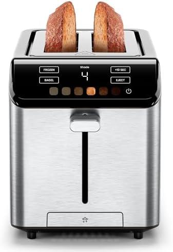 Chefman Smart Touch 2 Slice Digital Toaster, 6 Shade Settings, Touchscreen Controls, Extra-Wide Slots for Thick Breads & Bagels, +10 Seconds, Defrost, Removable Crumb Tray – Stainless Steel