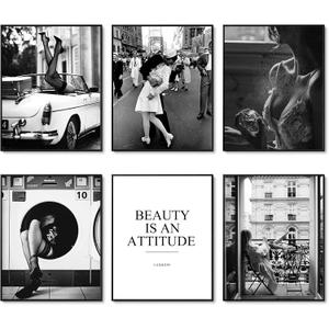 HoozGee Black and White Posters Vintage Fashion Decor Set of 6 Retro Wall Art Prints Perfume Woman Art Poster Pictures for Living Room Office (8"x10" UNFRAMED) (Square Girl Art)
