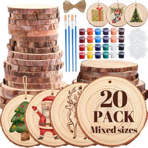 Kathfly 20 Pcs Unfinished Wood Slice with Hole for Centerpieces 3.5-8 Inch 4 Sizes Valentine's Day DIY Natural Wood Craft Kit Round Wooden Discs with Paint Brush Palette Craft Ornament Wedding Decor