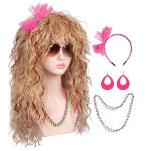 Women Long Curly 80s Blonde with Reddish Brown Cosplay Wig with Lace Headband Earrings and Necklace for Halloween