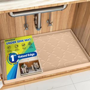 SIKADEER Thicken Under Sink Mat 28" x 19", Waterproof Food-Grade Silicone Tray, 1-Inch High Edge for Bathroom and Kitchen Cabinets, Easy to Clean, Flexible Shelf Liner Drip Tray (Beige)