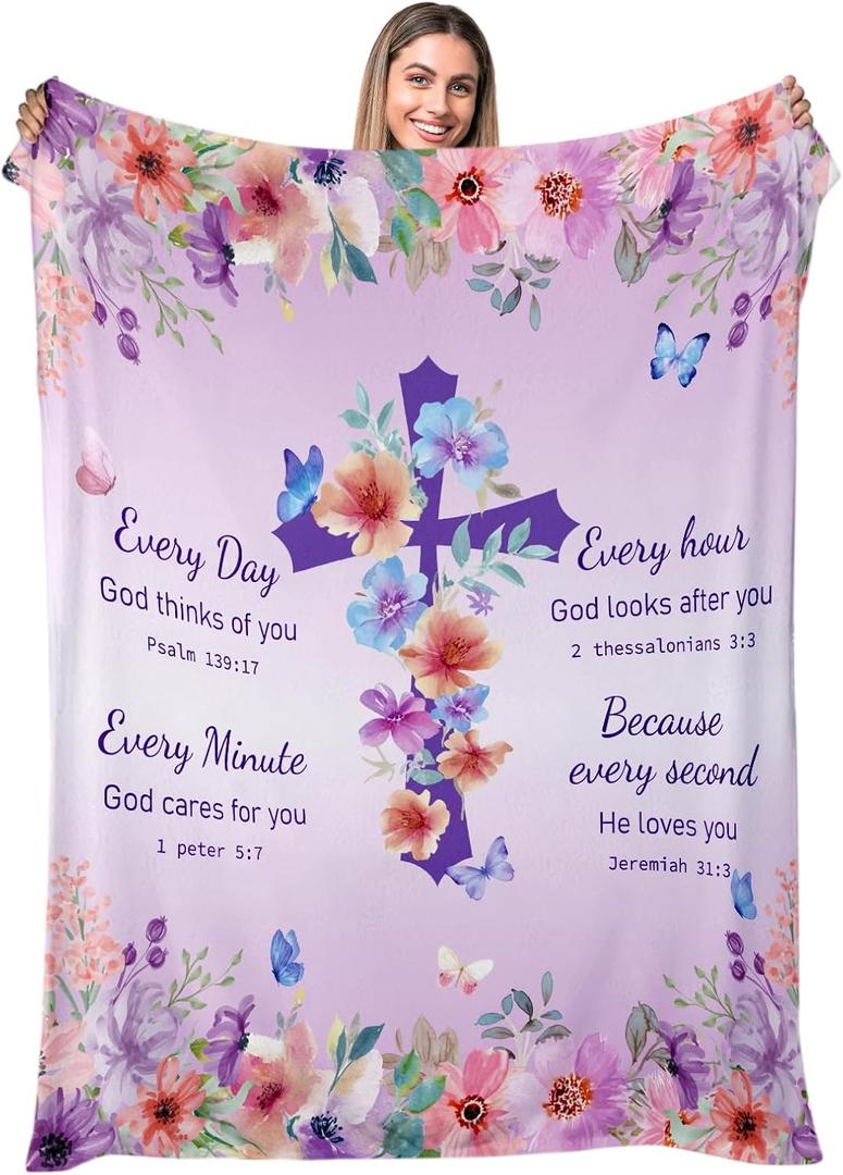 XKDOUS Christian Blankets for Women Faith (60"X50"), Christian Gifts for Women, Religious Inspirational Baptism Gifts, Prayer Jesus Blanket for Girl, Mom, Sister, Daughter (Purple Cross Style)