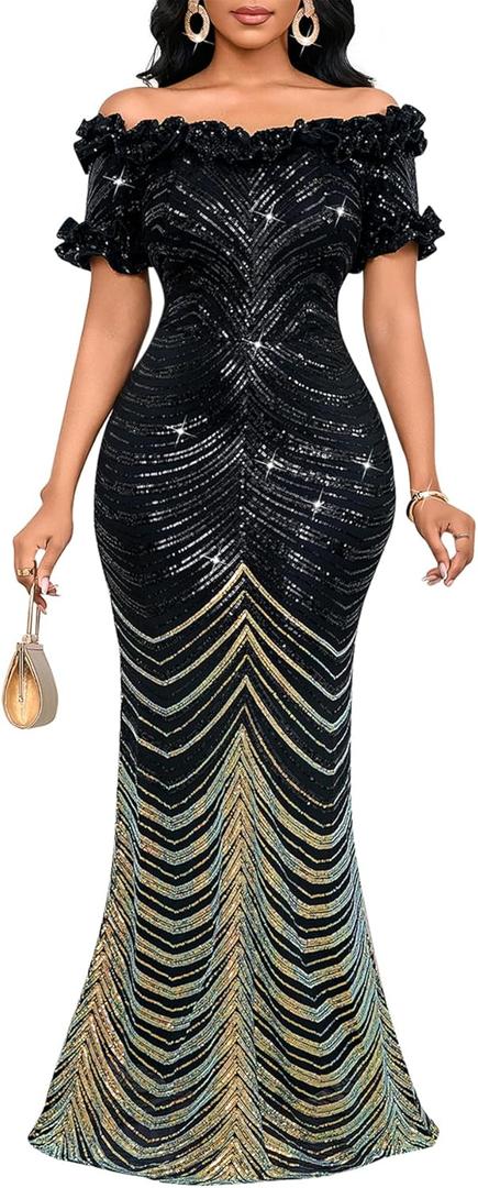 dasmzper Women Sexy Sequin Off Shoulder Ruffle Short Sleeve Bodycon Mermaid Party Formal Evening Maxi Dress L