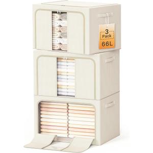 Clothes Storage Bins with Metal Frame, Foldable Clothes Organizers Storage Containers for Clothes, Sheets, Blankets, Pillows and Towels (66L, 3 Pack) Beige
