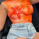 Women's Y2K Floral Graphic Ruched Tank Top Mock Neck Sleeveless Fitted Crop Tops (L)