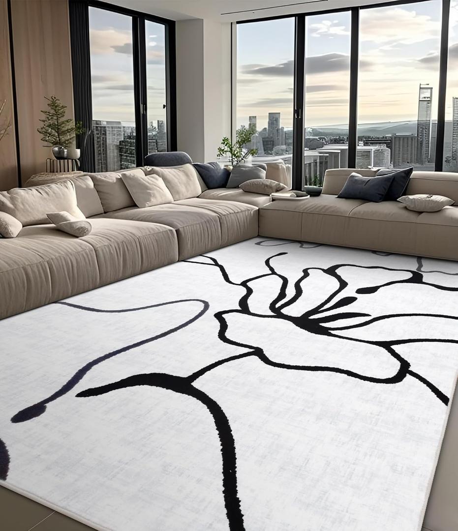 chakme Modern Abstract Washable Rugs 5x7, Non Slip Soft White and Black Area Rug for Bedroom, Thin Geometric Minimalist Striped Rug, Stain Resistant Area Rug for Living Room (5x7(Medium), Floral)
